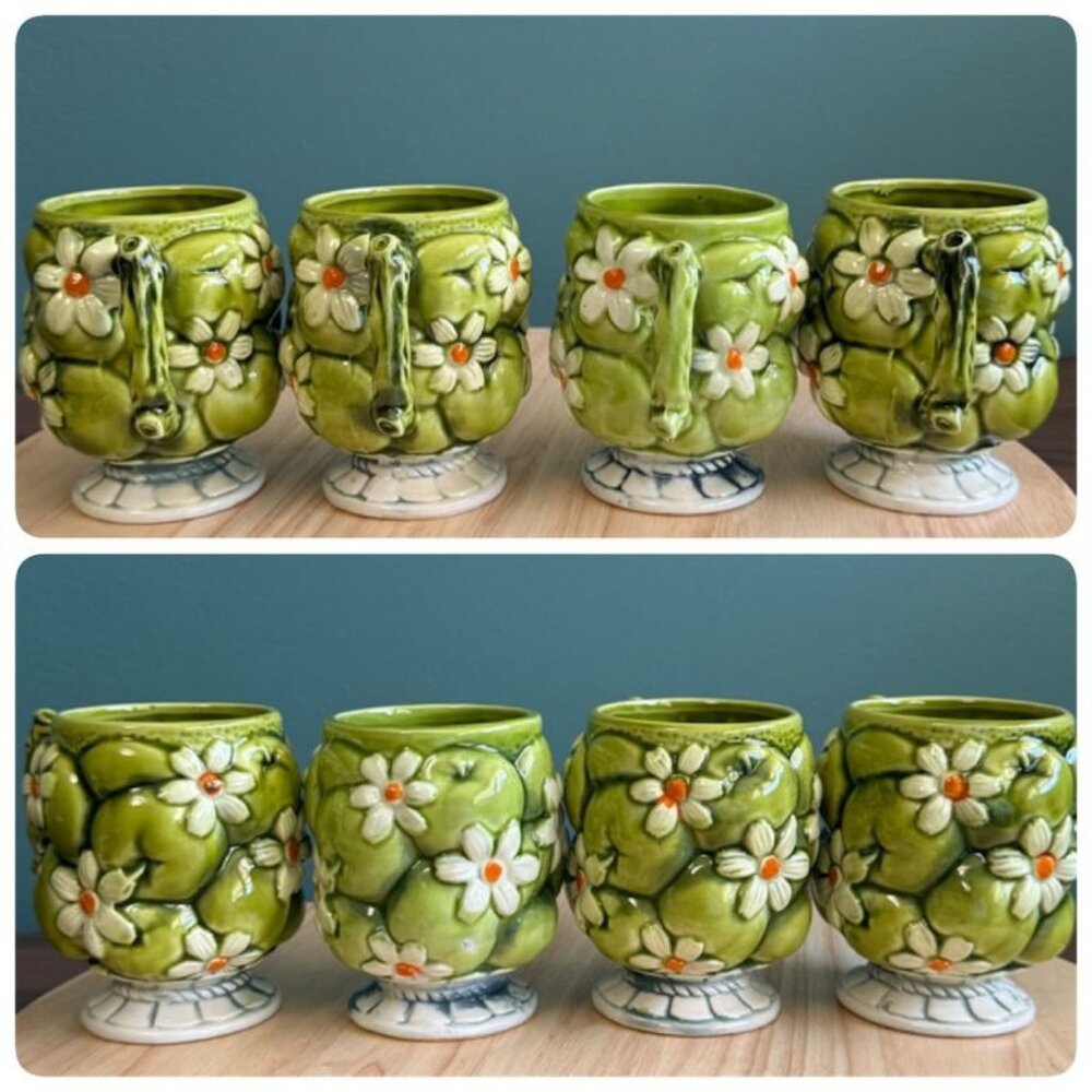 Vintage Inarco 1967 Green Apple Daisy Ceramic Mugs Japan Set Of 4 Coffee Tea Cup - Picture 5 of 9